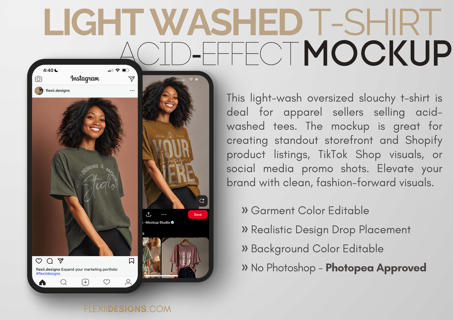 Washed Effect T-Shirt Mockup | Oversized Tee on Model | PSD Template for Acid Washed Tee