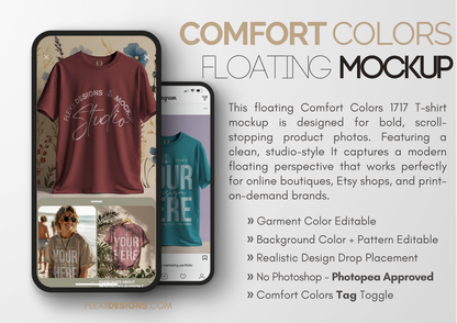 Comfort Colors 1717 Floating T-Shirt Mockup | PSD Template for POD, Etsy, Shopify, Pinterest