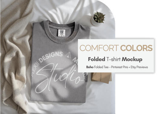 Comfort Colors 1717 Mockup | Folded Flatlay Boho Scene | PSD for Etsy, POD & Shopify